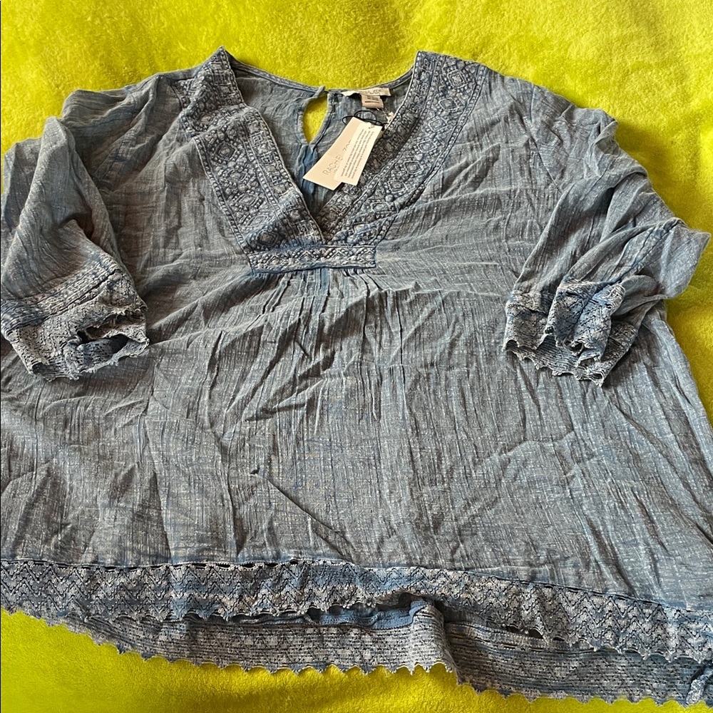 Rachel Zoe Dusty Blue Embroidered V-Neck Tunic